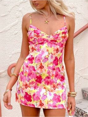 Floral Pink & Yellow Slip Mini Dress